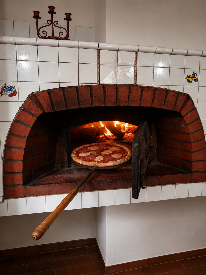 Il forno a legna in mattoni con una pizza in cottura