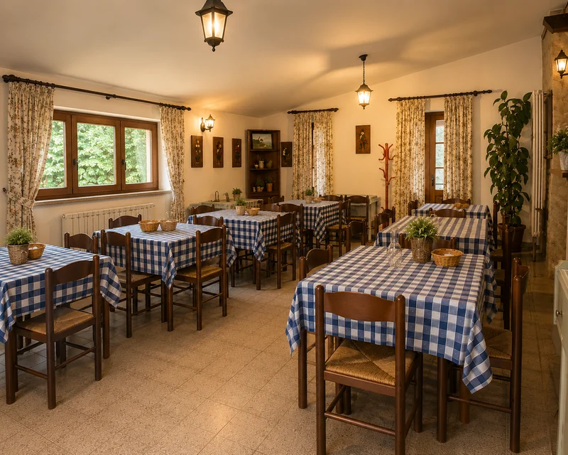 L’ampia sala da pranzo con tavoli e tovaglie a quadretti