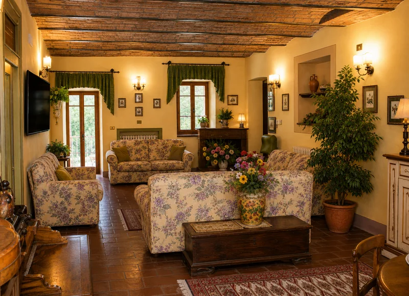 Il salone con travi in legno, divani a fiori e pavimento in cotto